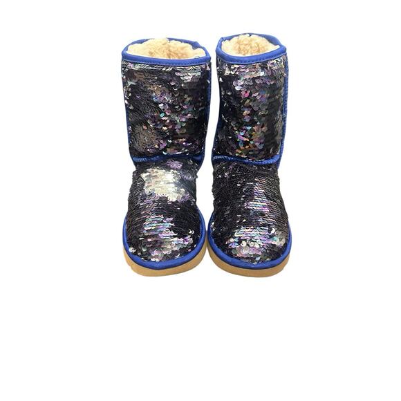 UGG Australia Classic Sheepskin Navy Tonal Sparkly Flip Sequin Short Boots Sz 6 - Picture 4 of 10